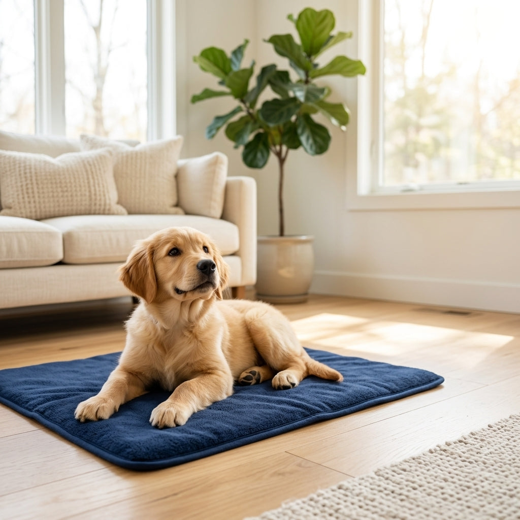 Happy golden retriever puppy on Wagley Cooling Mat